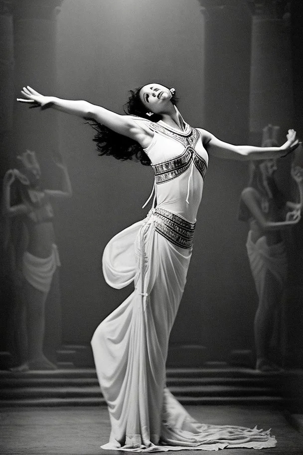 [ancien Egypt, real photography] The climax of the dance approaches as Satiah's movements slow once again, transitioning into a graceful tableau. She raises her arms toward the heavens, her expression a mix of awe and reverence. Her dance has conveyed the cyclical nature of existence, the union of mortal and divine, and the profound connection between humanity and the gods. As the haunting melody of flutes and harps begins to play, Satiah enters the center of the room, her presence commanding at