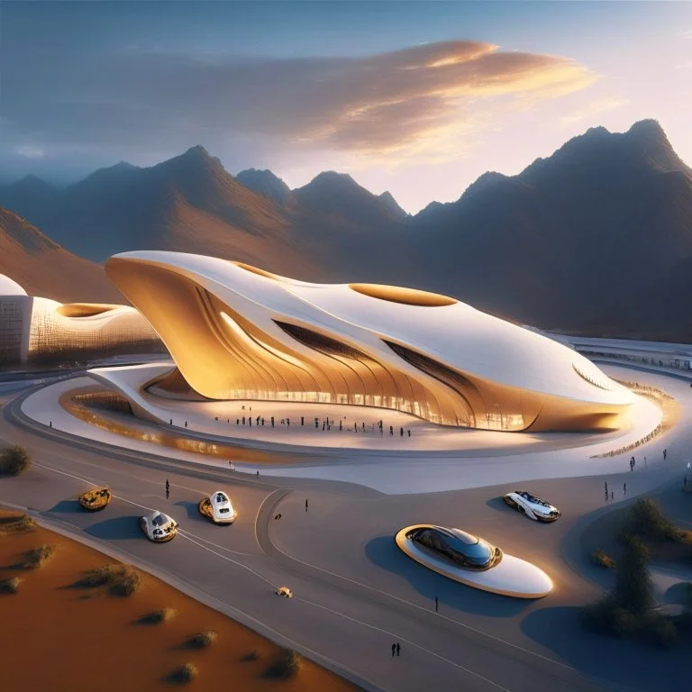 A cultural center and its ant shape simulating the design of Zaha Hadid, beige, with internal and external lighting, landscape, mountains, parking lots and people.