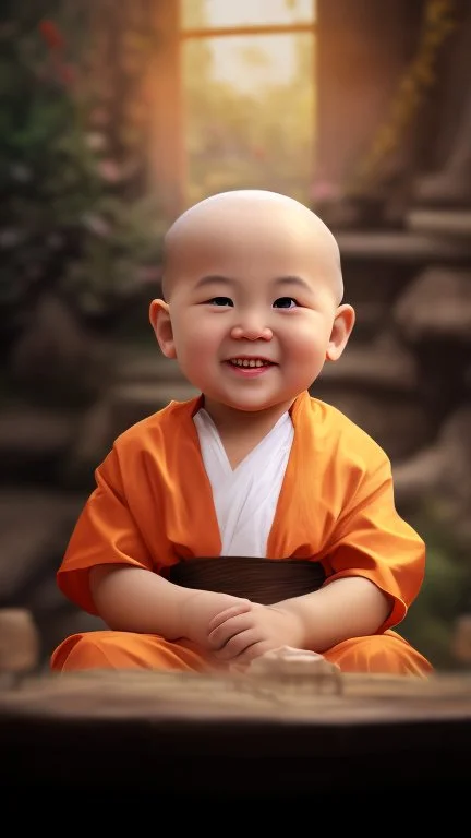 A 3-year-old monk boy with round cheeks, sitting, looking at the camera, light gray monk costume with white neckline, cute and cute, masterpiece, high quality, highly detailed.