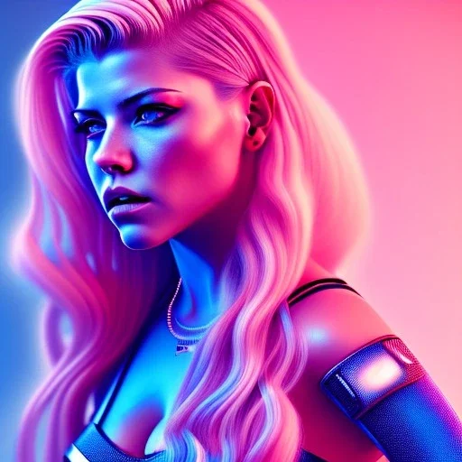 Katheryn Winnick, American shot, cyberpunk style, shaved hair, gradient color, BLUE, PINK, CYAN, neon, insanely detailed, 16k resolution, perfect eyes, cinematic smooth, intricate detail