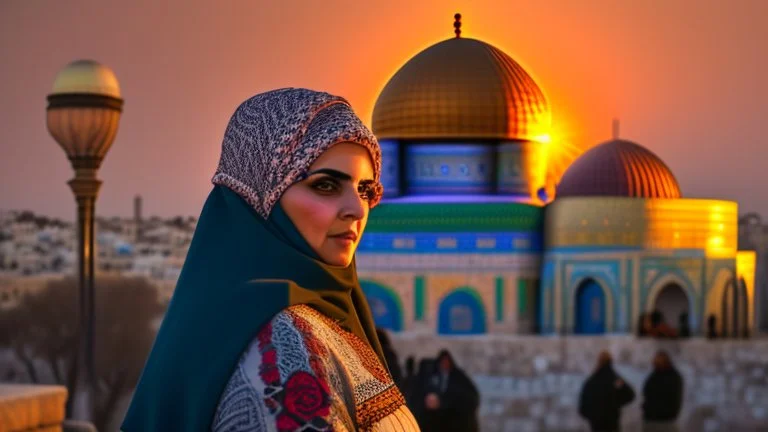 A Palestinian woman wearing an embroidered dress with the Dome of the Rock in front of her during sunset in winter.