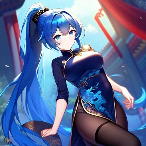 girl, masterpiece, best quality, volumetric lighting, detailed outfit, perfect eyes, blue hair, blue eyes, long hair, black stockings, ponytail, chinese clothes,