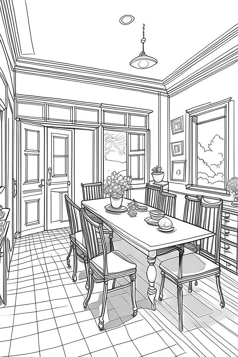 Outline art, house interior design, dining room, no shading, no lines, cartoon style, --ar 9:11