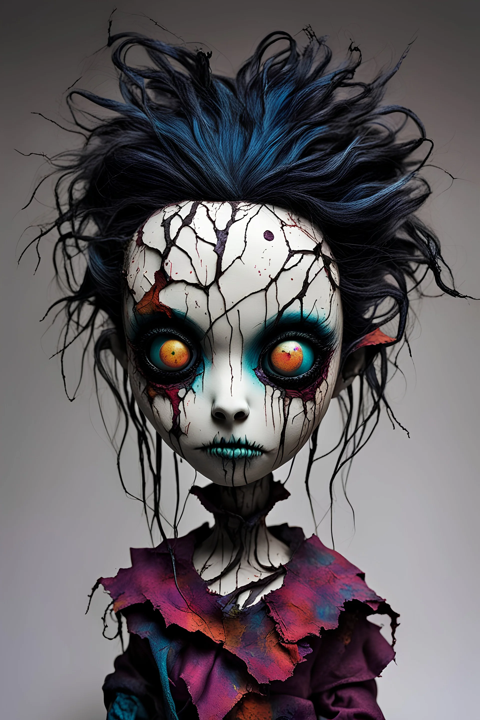 full color, illustration of a dark, menacing, monster girl, as a decayed, broken, crude homemade cloth doll toy, with a narrow cracked porcelain face, thick dark eyebrows, hair made from ragged strips of cloth, in the style of Brom, Alex Pardee, Tim Burton, and Masahiro Ito, bold vibrant color