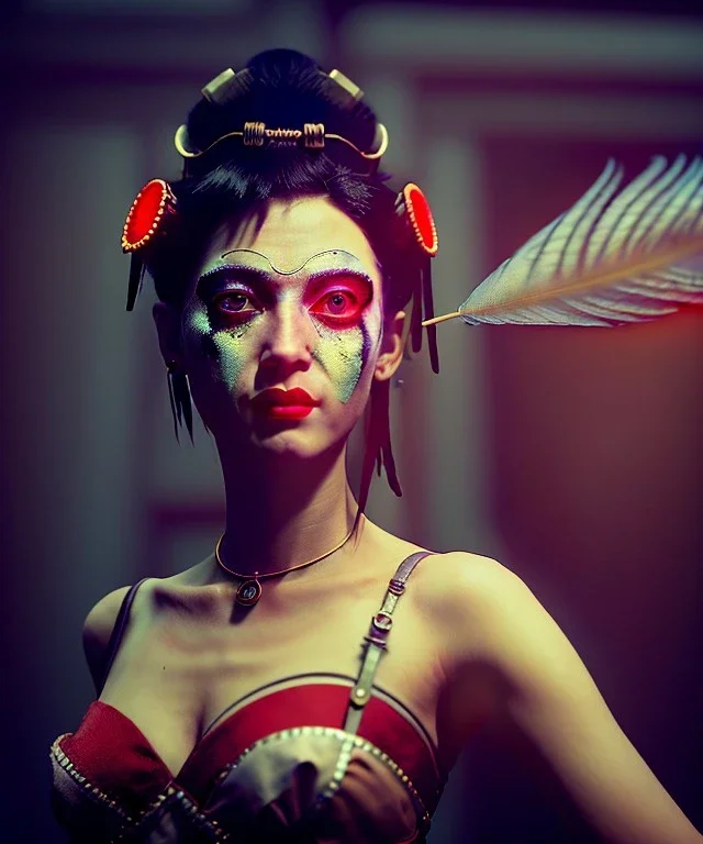 Surreal, steampunk , , cabaret scene. Geisha Russian old woman. Sweat, Birds, Feather, smoking, happy, hot, color fog, people background, highly detailed, concept art, unreal engine 5, god rays, ray tracing, RTX, lumen lighting, ultra detail, volumetric lighting, 3d, finely drawn, high definition, high resolution.