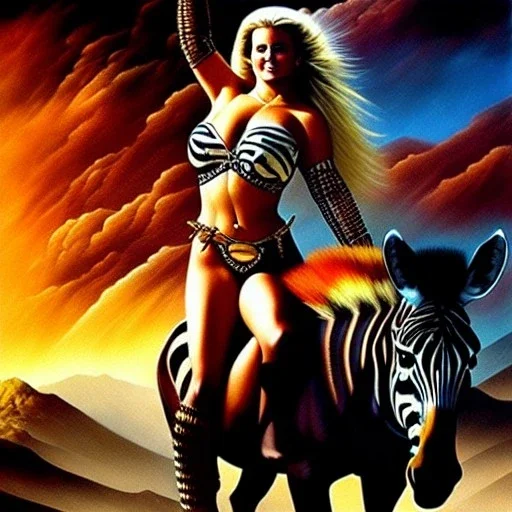 portrait oil on canvas,beautiful busty Female Warrior riding a Zebra, minimal armor,comic book cover, mystical colors,insanely detailed,realistic,intrincate detail,crystal clear eyes,perfectly drawn face, 16k resolution, masterpiece,Simon Bisley,Frank Frazetta,Alex Horley,ARTHUR ADAMS