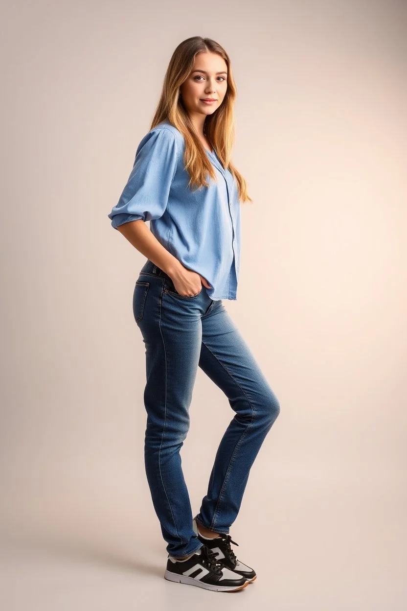 simple background a beautiful young lady wearing jean pants and blue blouse full body standing pose,sport shoes