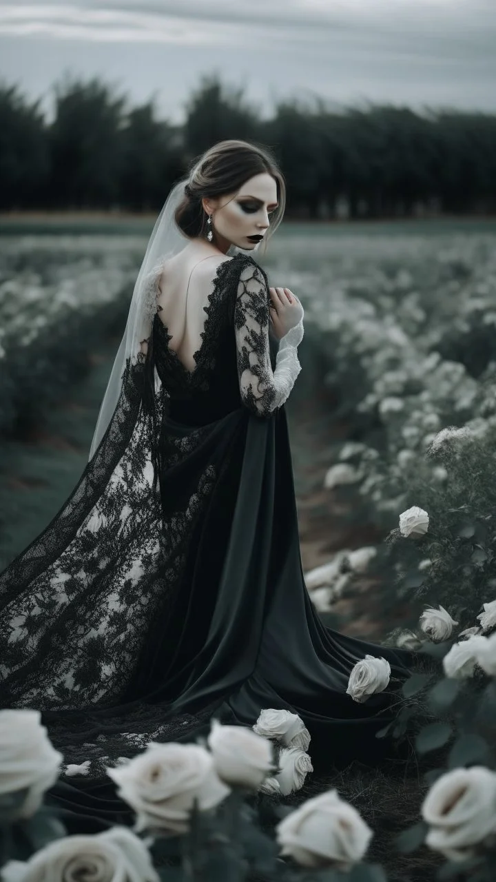 black lace scarf and dirty wedding dress in a field of white roses.cinematic picture