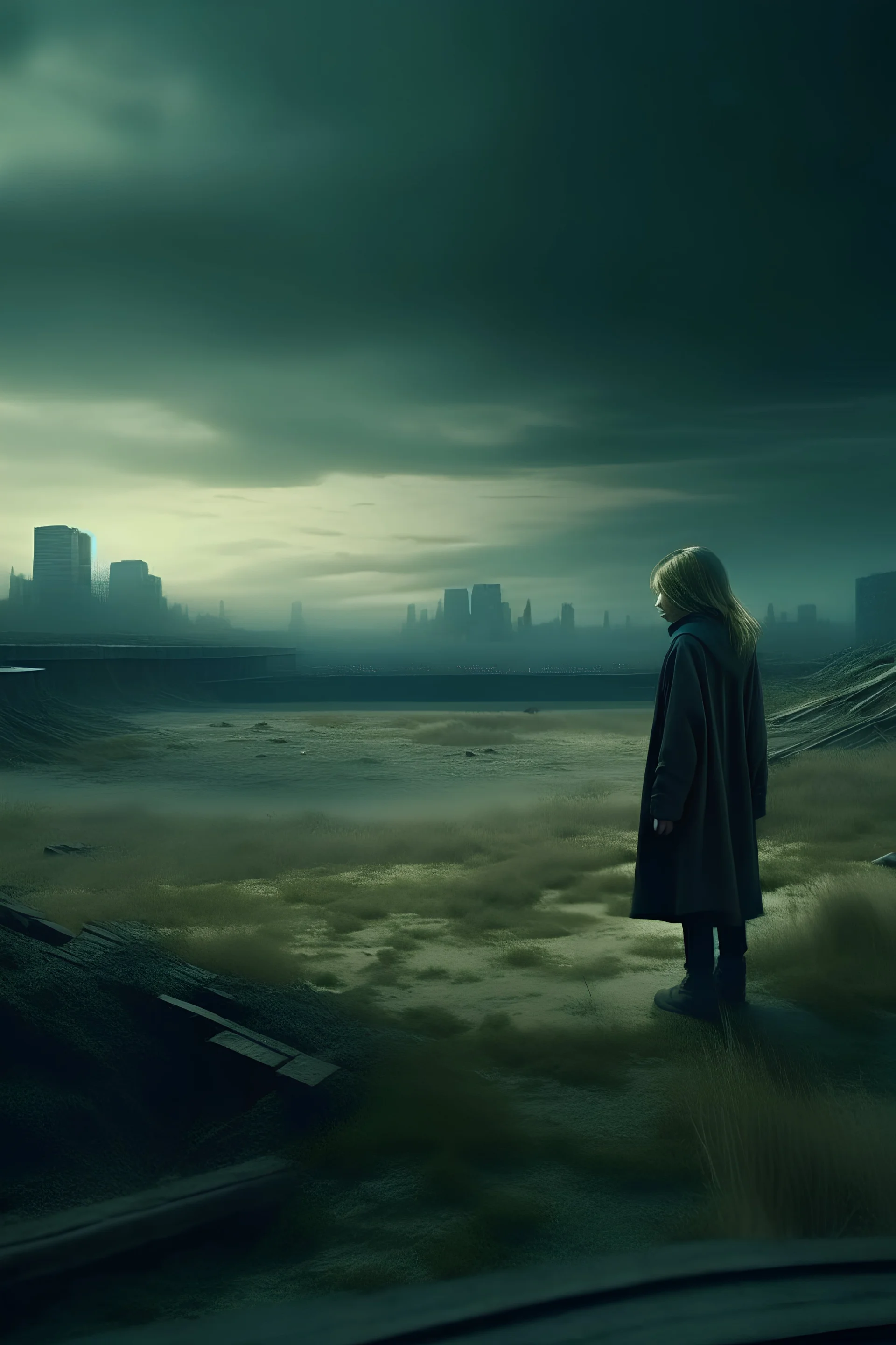 dystopian landscape with a lonely woman cinematic dramatic hd hig hlights detailled real wide and depth atmosphere