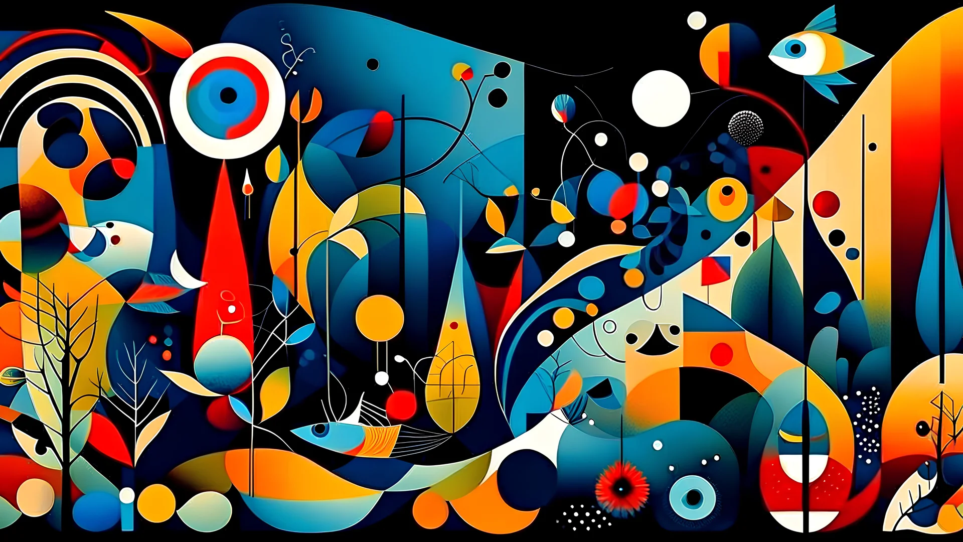 Nature-inspired design visualized with abstract and fluid shapes, showcasing the beauty of biomimicry in the style of Joan Miró and Wassily Kandinsky, unsplash