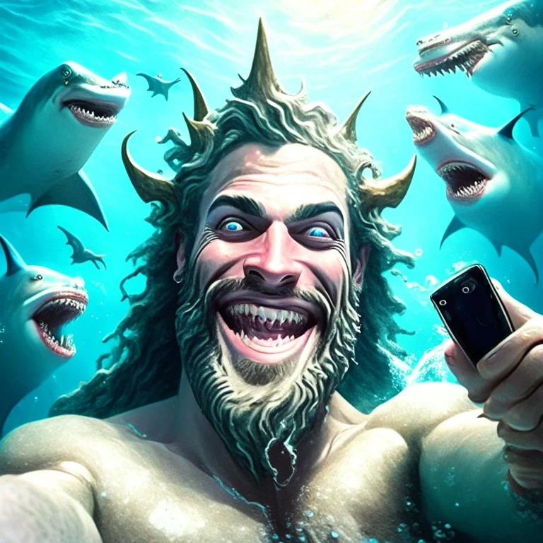 the sea god Poseidon, taking selfie with sharks, smiling, realistic, detailed,