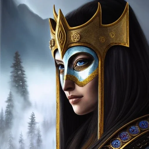 ultra detailed fullbody Portrait in oil on canvas of a beautiful Warrioress with Skyrim mask and armor,extremely detailed digital painting, extremely detailed face,crystal clear Big eyes, mystical colors ,perfectly centered image, perfect composition,rim light, beautiful lighting, 8k, stunning scene,extremely sharp detail, finely tuned detail, ultra high definition raytracing, in the style of robert e howard and pablo oliveira and Ken Kelley and Ohrai Noriyoshi and Simon Bisley