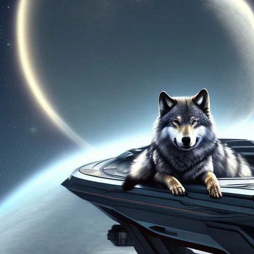 A Wolf, sitting on caiptains chair at the bridge of a spaceship, similar to picard in star trek, full scene