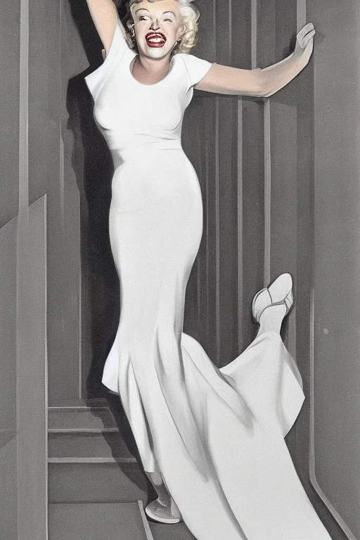 Painting, photorealistic, Marilyn Monroe, front view medium shot ankle-length white dress, white high-heeled shoes standing over a subway grating, dress billowing up, arms holding the dress down, style of The Seven Year Itch