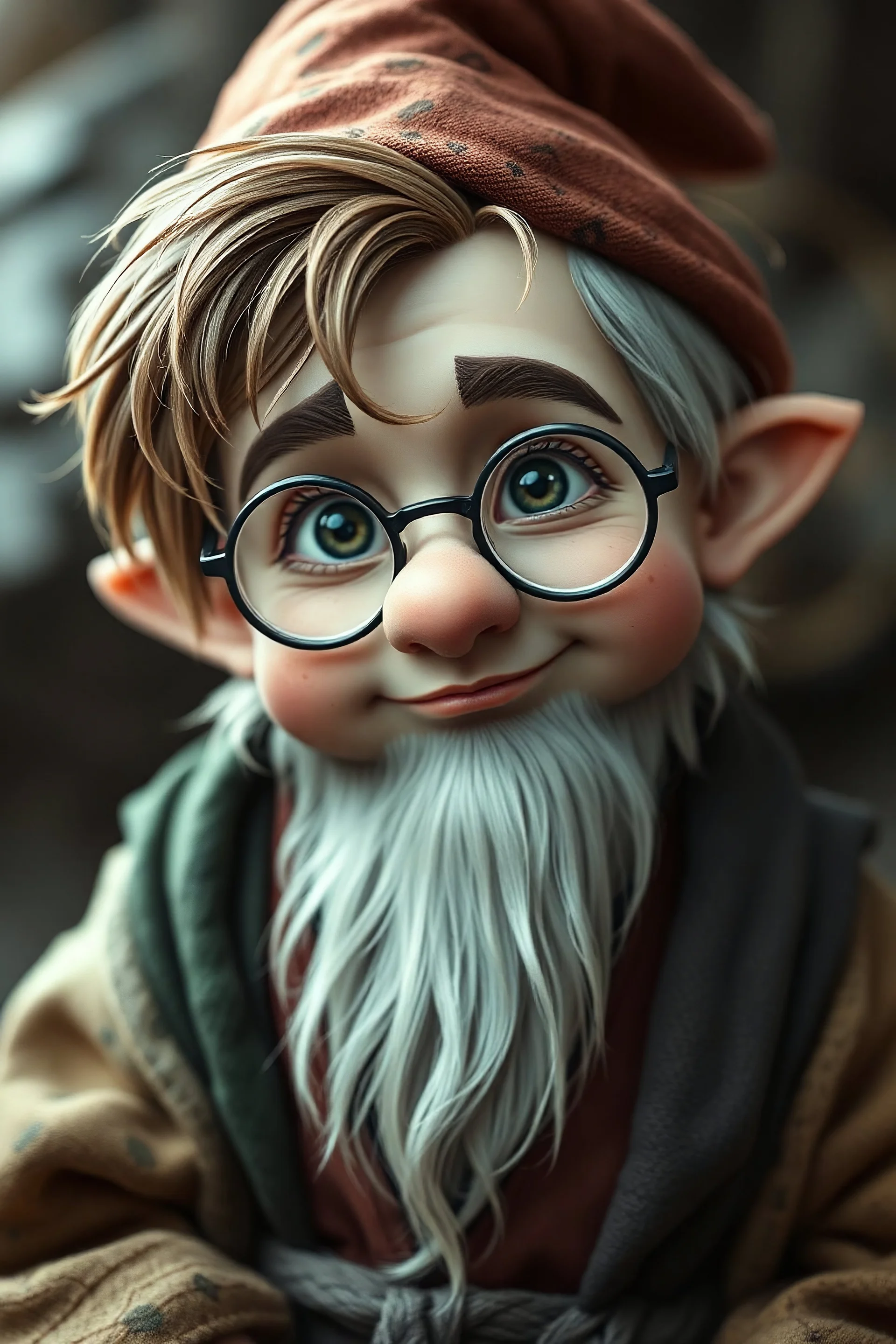 Masterpiece, hyper-realistic, extremely detailed, High-quality, high-resolution, young gnome with messy brown hair, round glasses that constantly slip down his nose, and ink-stained fingers. He wears mismatched robes that are always a little too big for him.