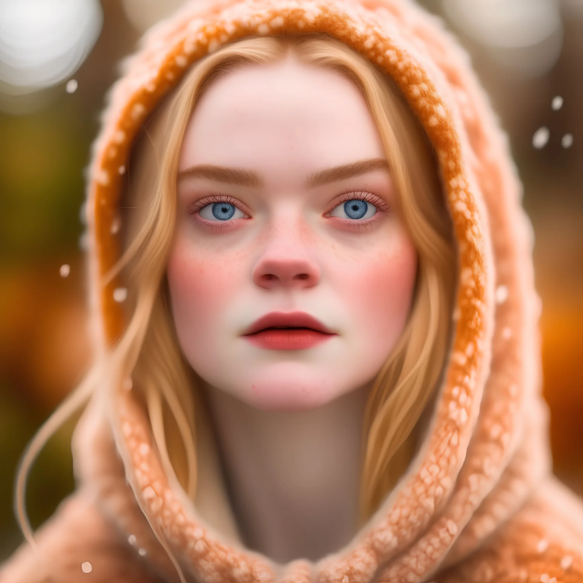 Elle fanning, covered with soft wool, freckles