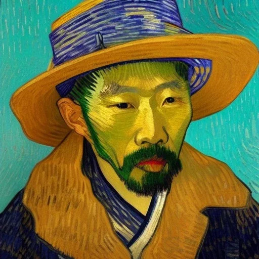 Portrait of OLd japanese Fishermen wearing bucket hat by Van Gogh 8k