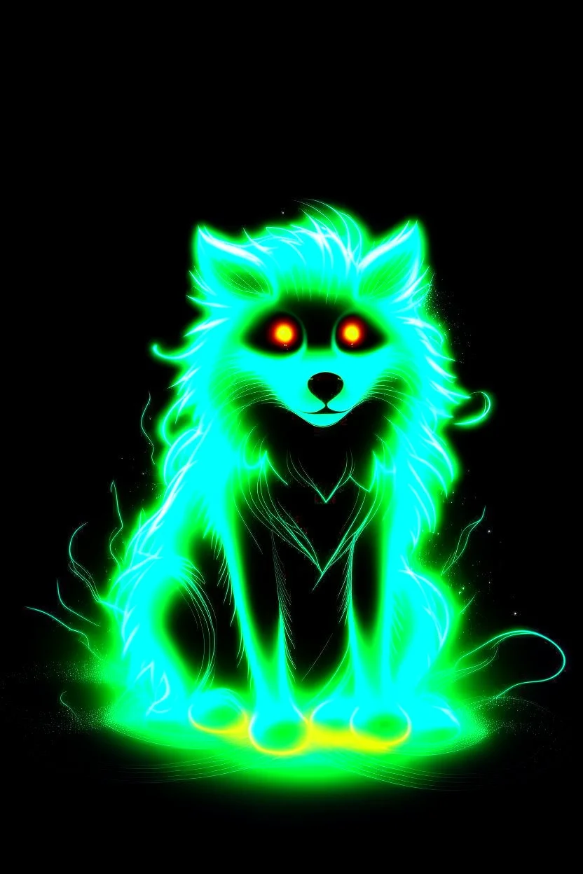 Super cool glowing, ghostly canine with mencaing glowing eyes In a dark room. It sits alone staring straightly and deeply at us, it has a painted-anime style.