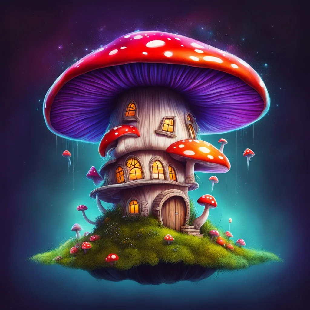 mushroom house on a distant floating space island. the island is floating in outer space. Bright Bold Bright Colors, Stark Dark background. Fantasy Style. High Quality, Painterly, Whimsical, Fun, Imaginative, Bubbly,