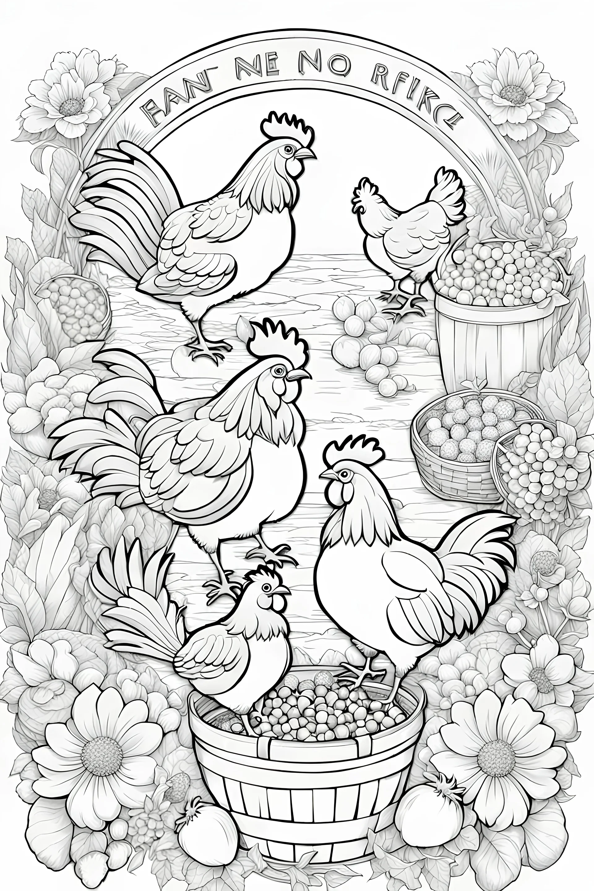 A black and white outline art of a kids coloring book, Cute roosters and hens in a market, outlined with baskets of produce around., outlined with a straightforward stream and fish., outlined against a simple backdrop of flowers, white background , sketch style , full body, only use outline, mandala style, clean artpage, , white background, no shadows and clear well outlined