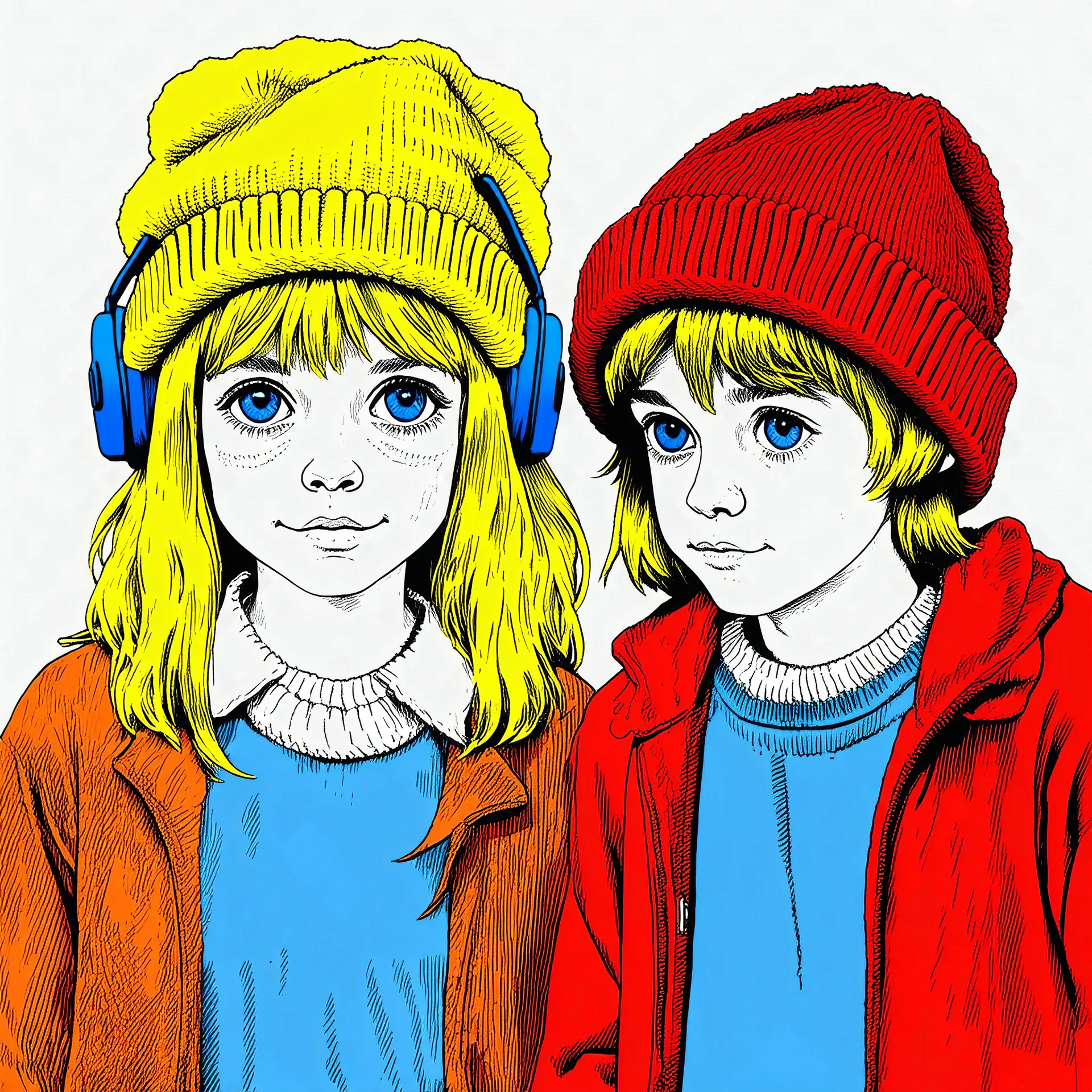 Sketch of a girl with lobg yellow hair and with a woollen hat and a boy with big blue eyes and a woollen hat. Listening to music. In the 70s