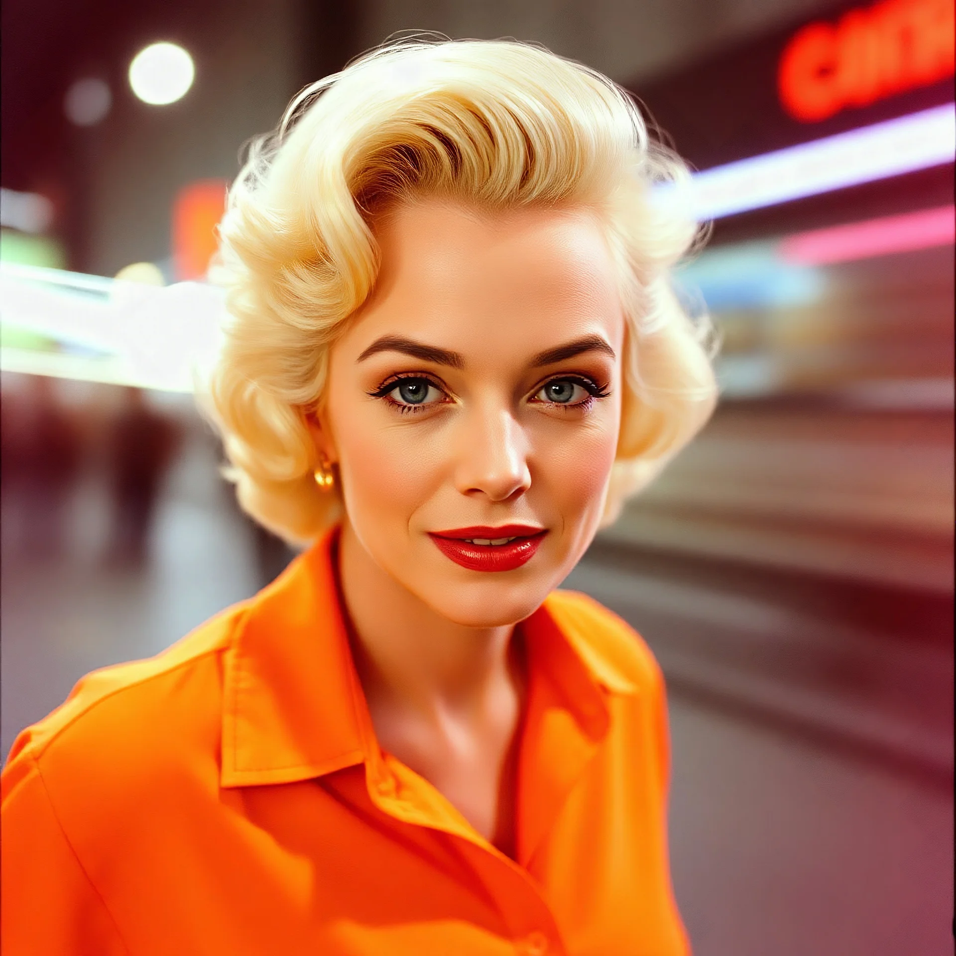 Marilyn monroe in a orange shirt, long shutter speed photograph