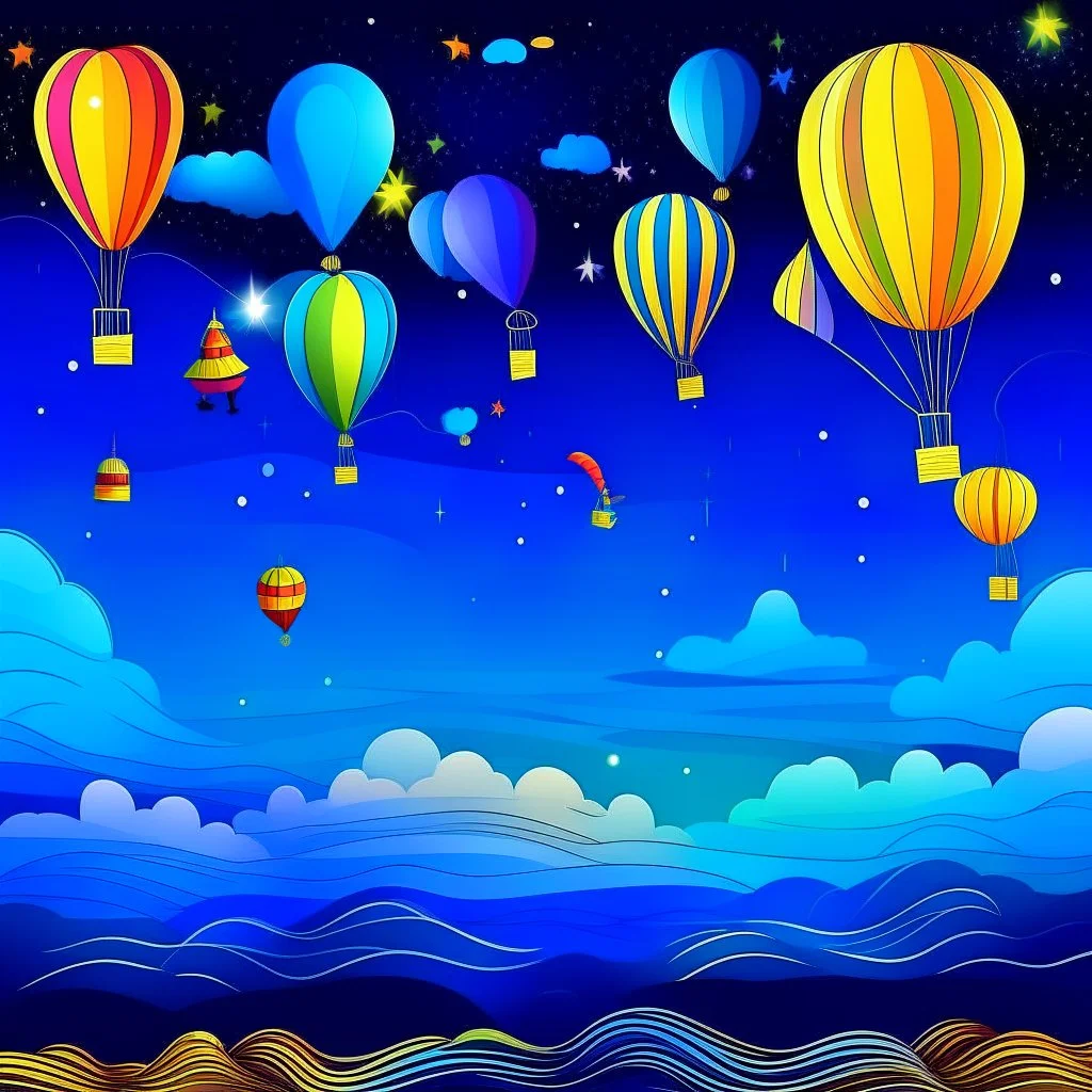 birthday party in the sky at night, on the clouds, with colorful light bulbs, garlands, pennants, balloons, confetti, party spirit, music, the stars shine and dance, paul klee style