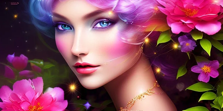 bright fairy, beautiful portrait, flowery landscape