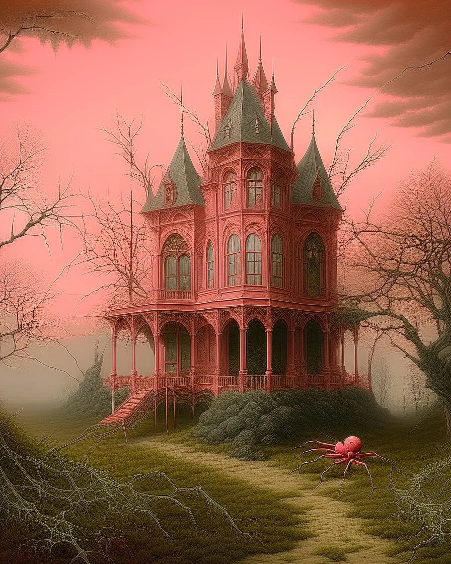 A pink spider mansion with magical gas painted by Caspar David Friedrich