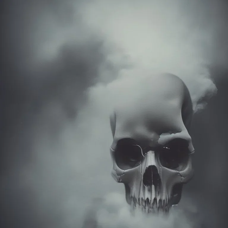 abstract photographic camera mixed with skull in dirty style. fog and smoke in atmosphere. bokeh, lens flare. Dark mood. Dripping paint. oil on canvas, mixed media, high detailed.