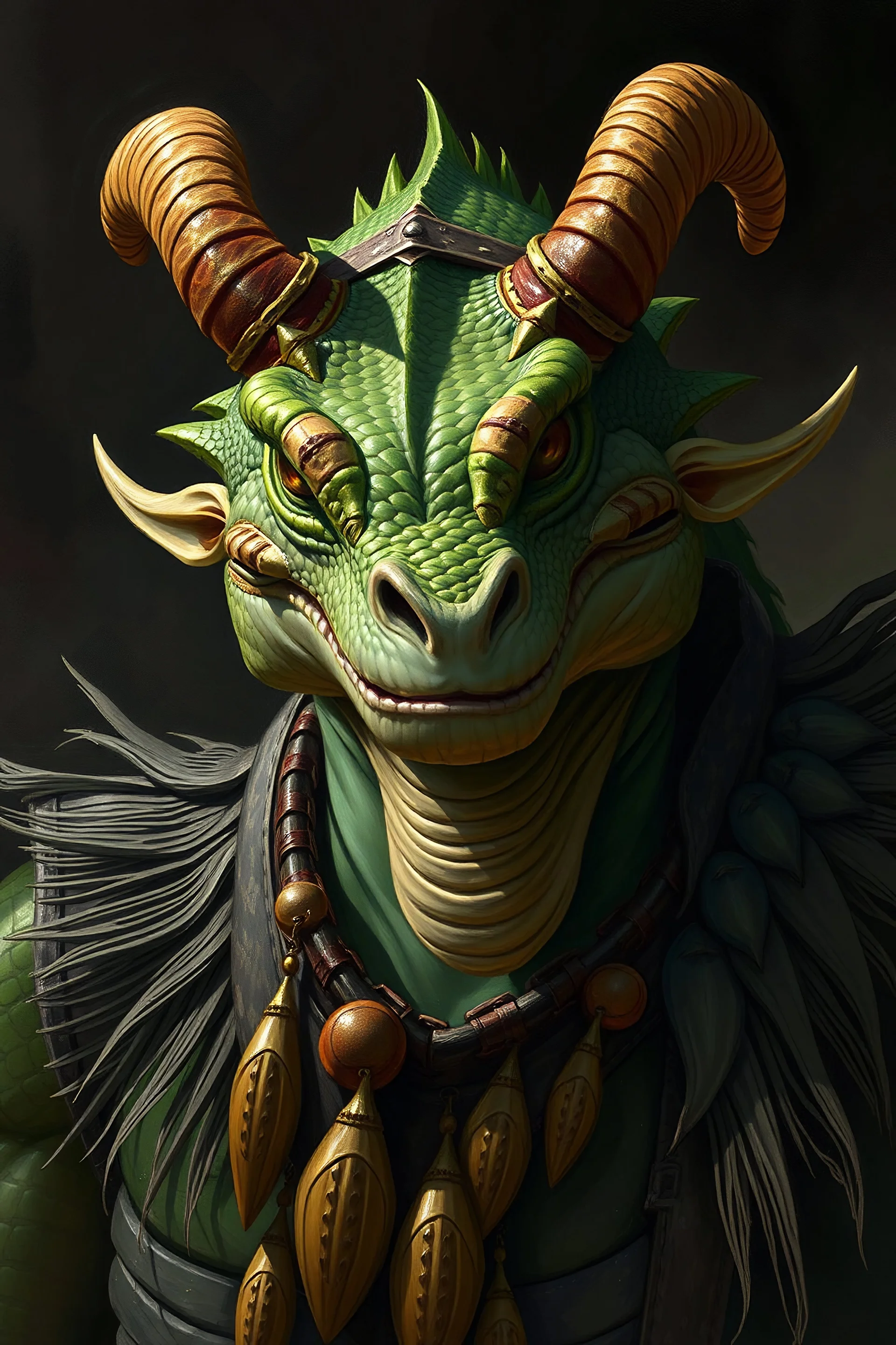 portrait of lizardman with horns and a frill warrior from a fantasy world