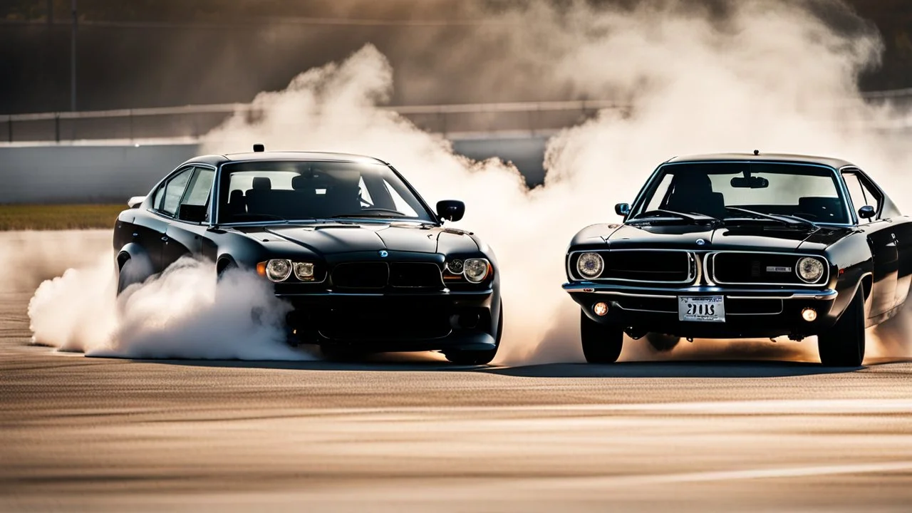 Black BMW and Dodge Charger SRT drifting in the white smoke, rear view, cinematic, luxurious --chaos 80 --ar 16:9 --style raw --stylize 700