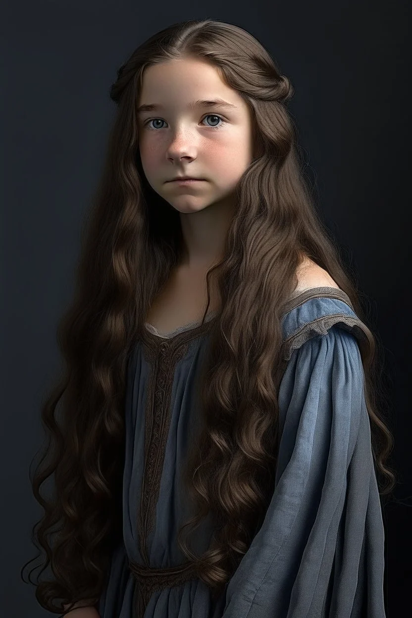 full body portrait of a 14 year old girl named Runa Rivers, main character of a fantasy novel, tall for her age - ca. 1,75m, looking older than she is, light blue eyes, full lips, side cut, dark brown curled shoulder long hair, looking shy but strong at the same time