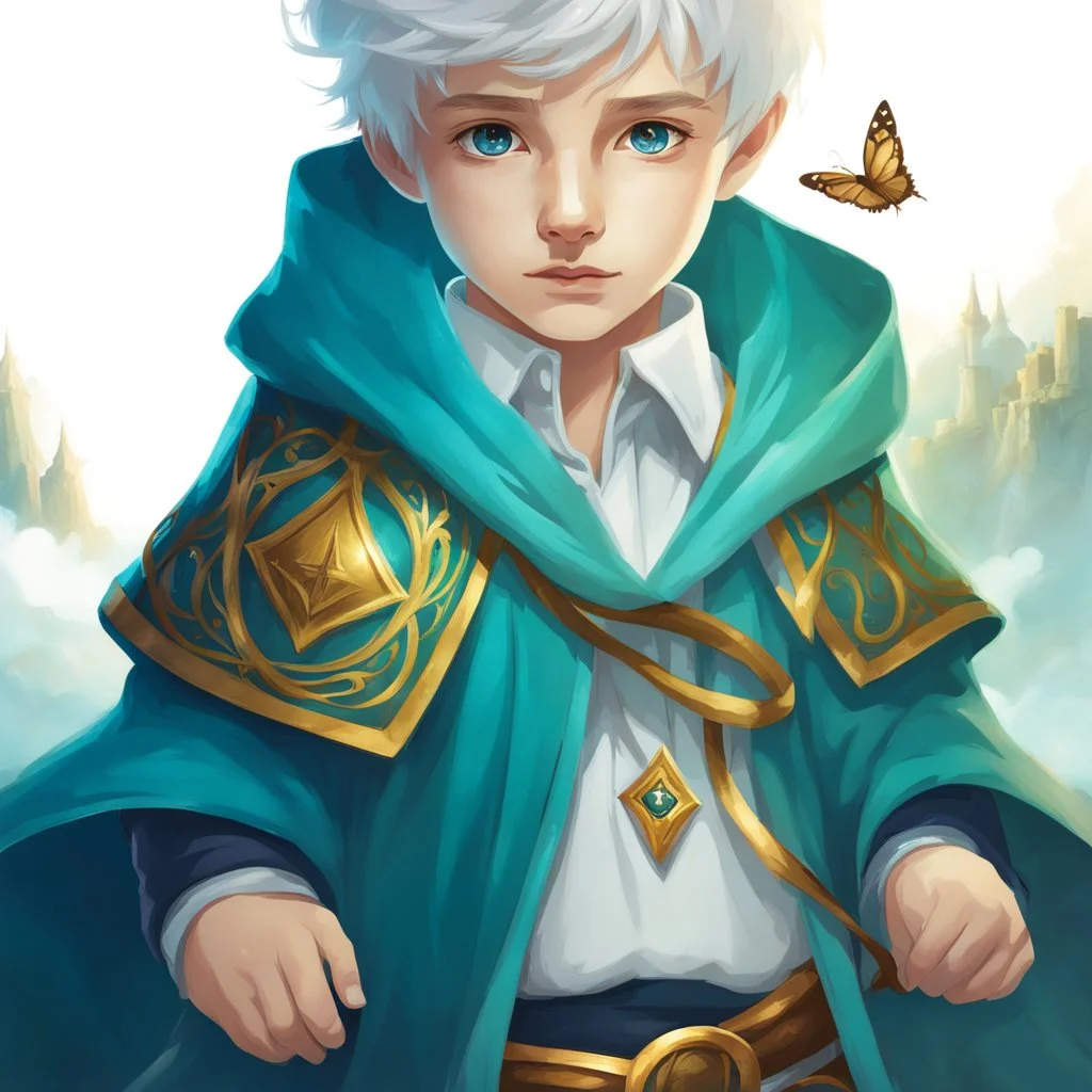 Fantasy World, A boy only wearing a wizards robe, and wearing a wizards hat. White Hair. Golden Eyes