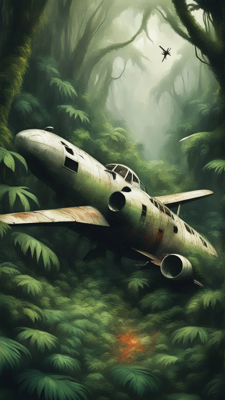 An old airplane crashed in rainforest covered with green bushes, Busch painting style nightmare