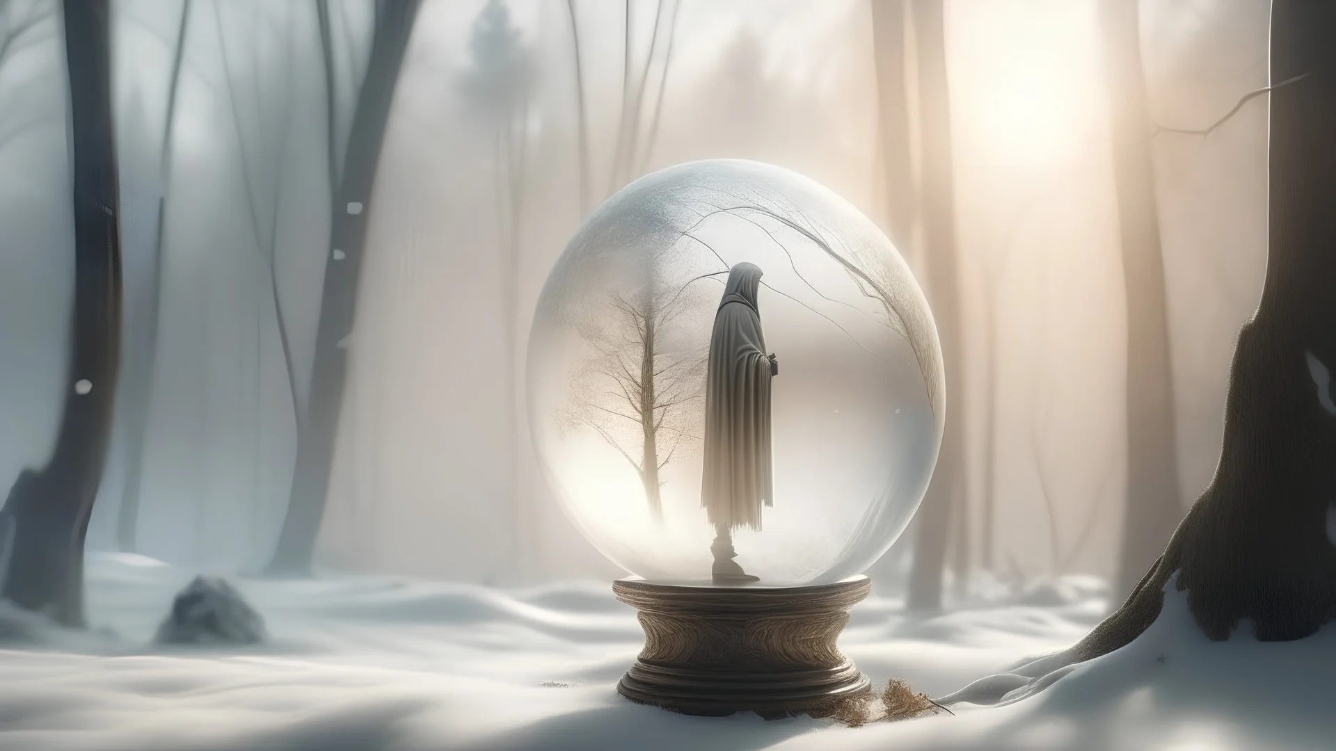 /imagine prompt: crystal ball, snow inside the ball, white marble base, mythological figure of justice with scales inside the ball, on a white forest with fog, Cinematic, Film Grain, Golden Hour, Daguerrotype, Calotype, Telephoto, Blurry, Desaturated, 4k, Lonely, Frontlight, Backlight, Optics