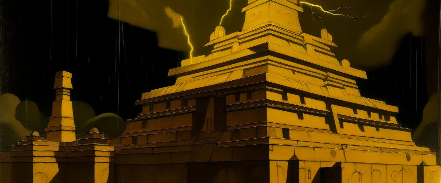 A dark golden yellow lightning temple designed in Mayan architecture painted by Lyonel Charles Feininger