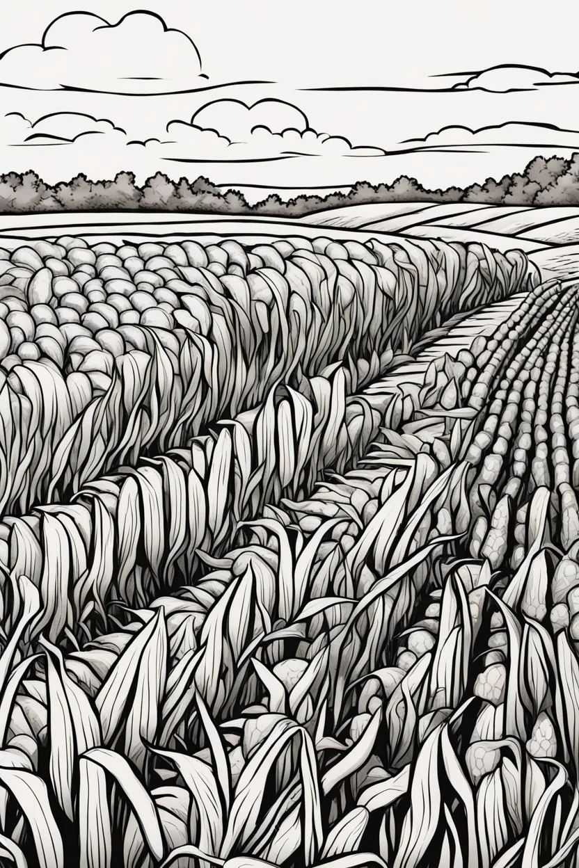 coloring page, corn field, cartoon style, thick lines, low detail, no shading