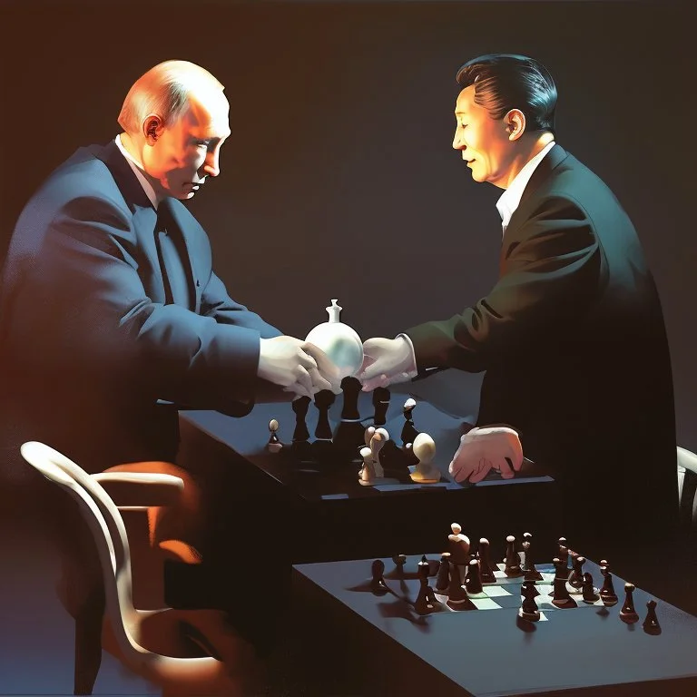 Putin, President Xi Of China And Joe Biden Play Chess between lights and shadow With A Pigeon,And Atomic Bomb Mushroom Cloud,Complex Surgical Instruments Intermixed With A Newborn Boy,Minimalism,Painting By Adrian Ghenie,Rene Magritte,Pablo Picasso,Michelangelo,Salvador Dali,Lucian Freud