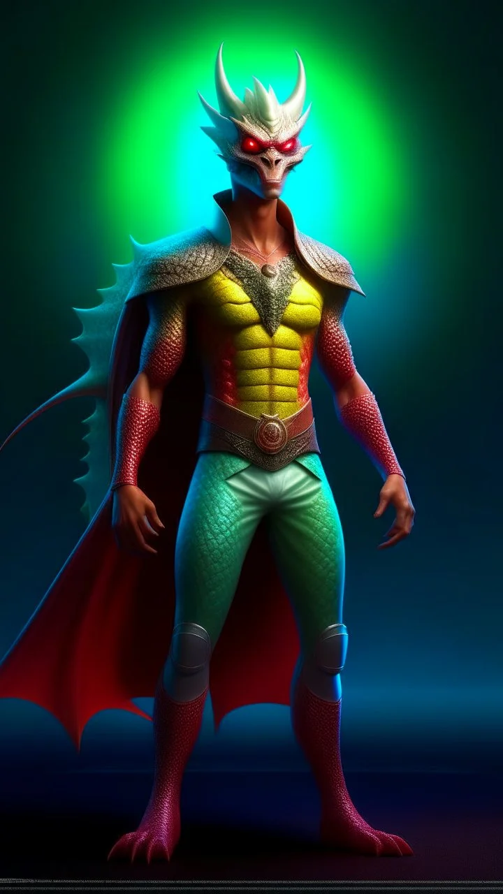 Full Body Ultra realistic full body image of a superhero man with a stylized dragon mask over his eyes, head and forehead, striking symmetrical face, tone mapped, intricate, elegant and highly detailed digital painting, concept art, soft, sharp focus , illustration, magical dream atmosphere, full body