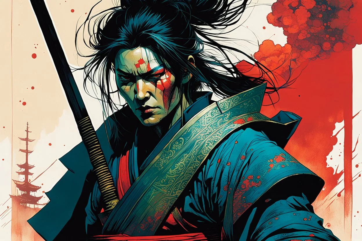 create an imaginative print illustration of an ethereal, otherworldly gaunt and withered ancient female ronin samurai vampire , in the comic book art style of Bill Sienkiewicz, Mike Mignola, and Jean Giraud Moebius, with highly detailed feminine facial features