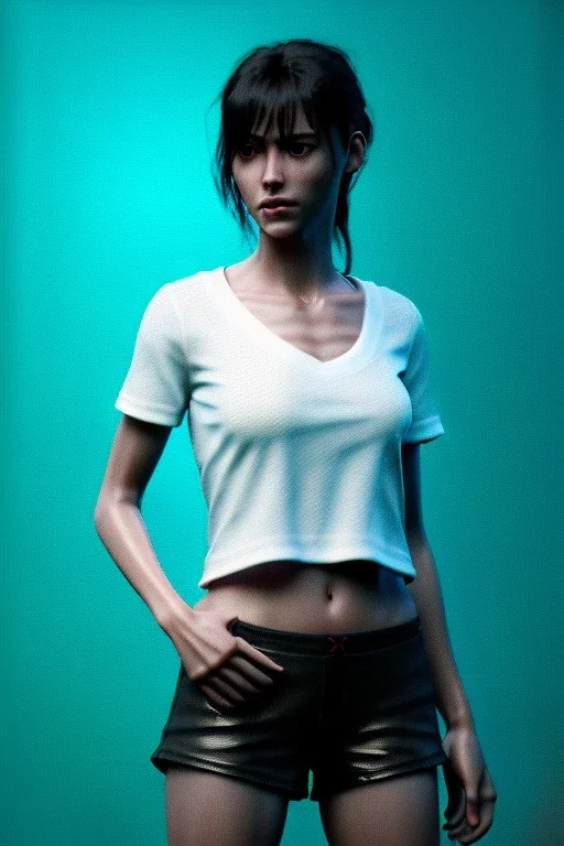 Ultra Realistic image, 25 years old brunette woman, Madrid, portrait, small stature, small chest, yakuza body tattoo, white broken cotton short undershirt, black latex short, rain, fog, club night Tokyo ambient, leds, neon, vibrant color, highly detailed, art stations, concept art, smooth, unreal engine 5, god rays, ray tracing, RTX, lumen lighting, ultra detail, volumetric lighting.