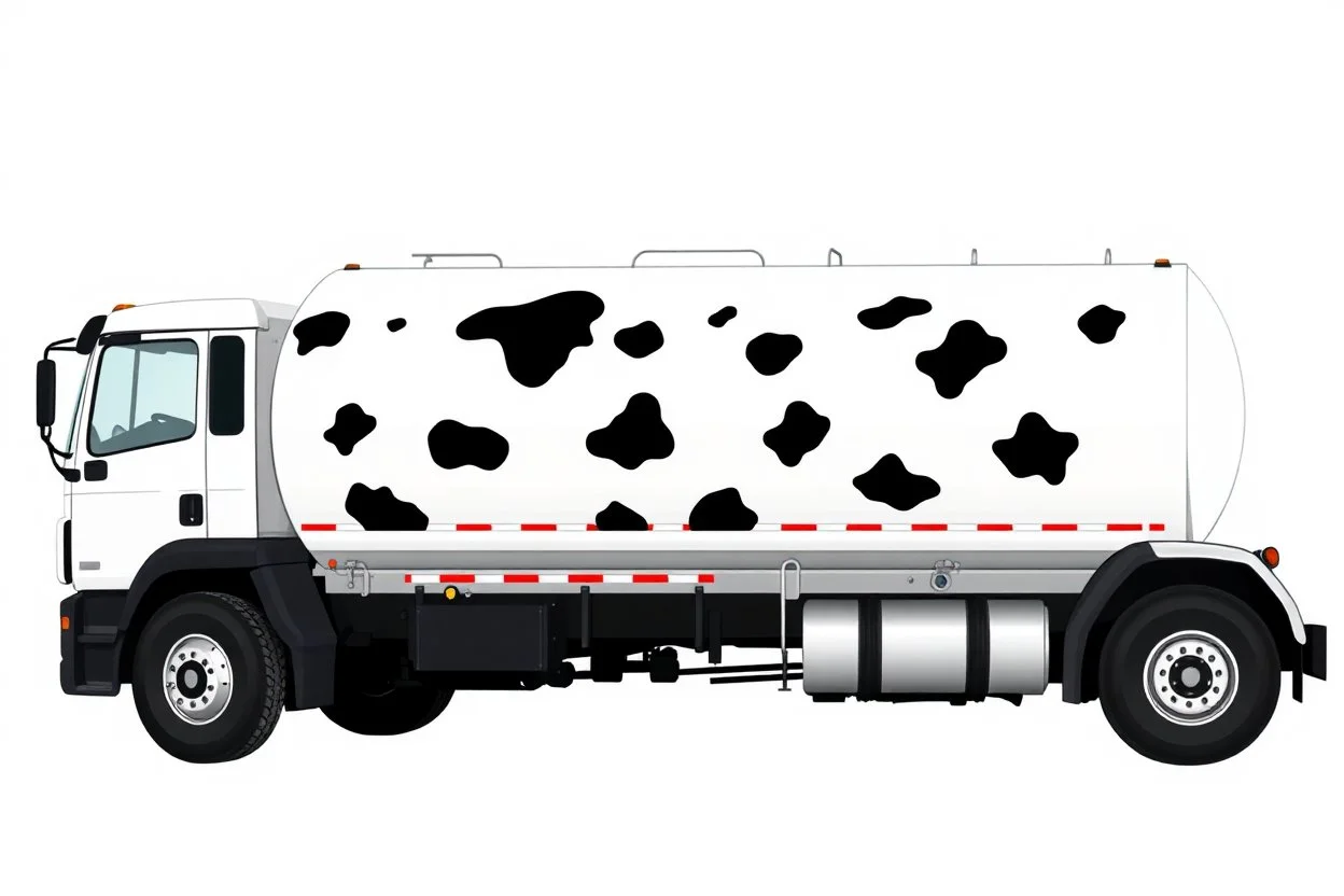 side view of a white fuel tank truck with black cow spots, illustration