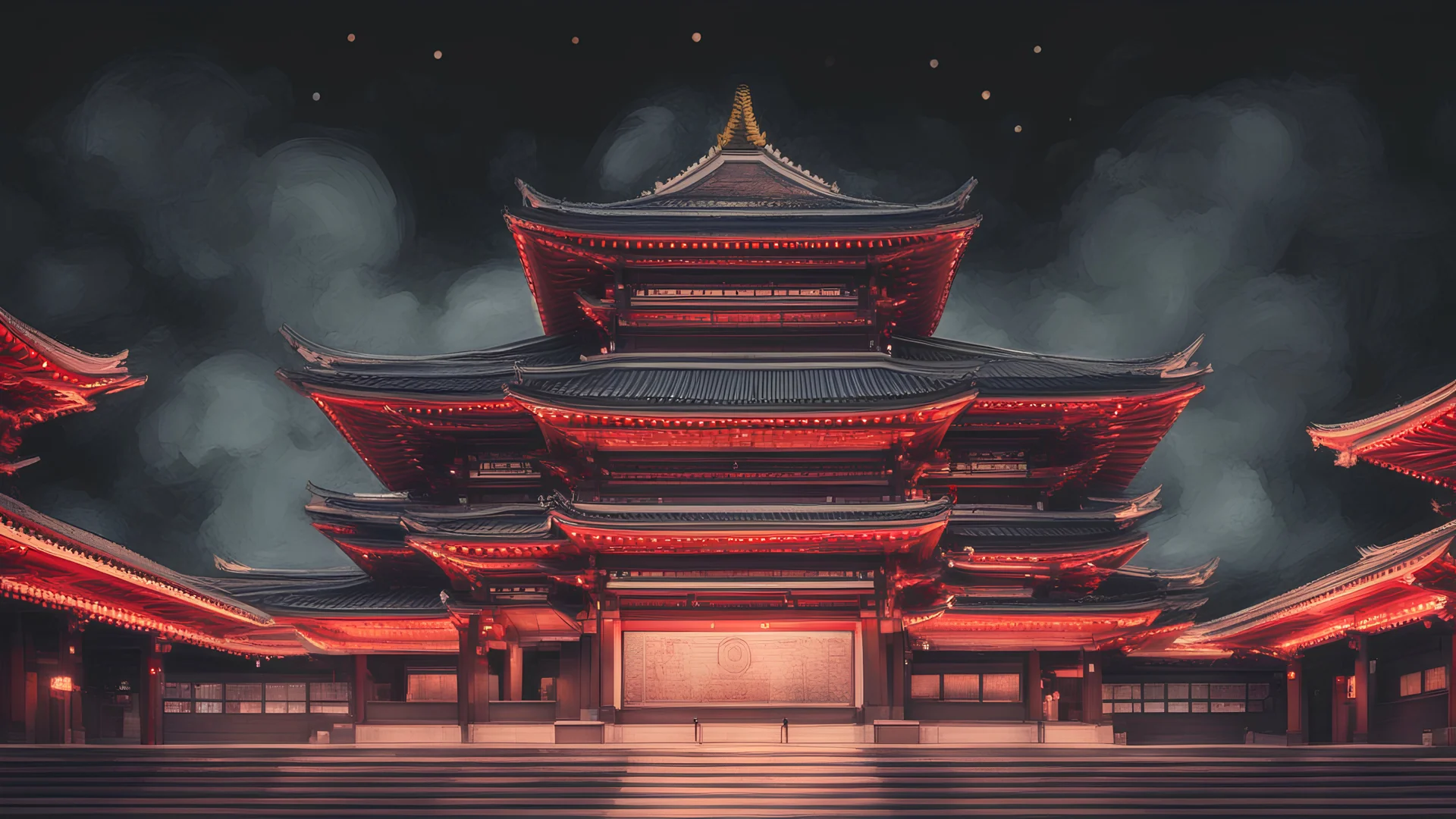 correct buddha tooth relic temple in singapore, in an atmospheric charcoal pastel realistic texture style, bauhaus colors, at night, with more defined simpler lines, true to the correct singaporean building