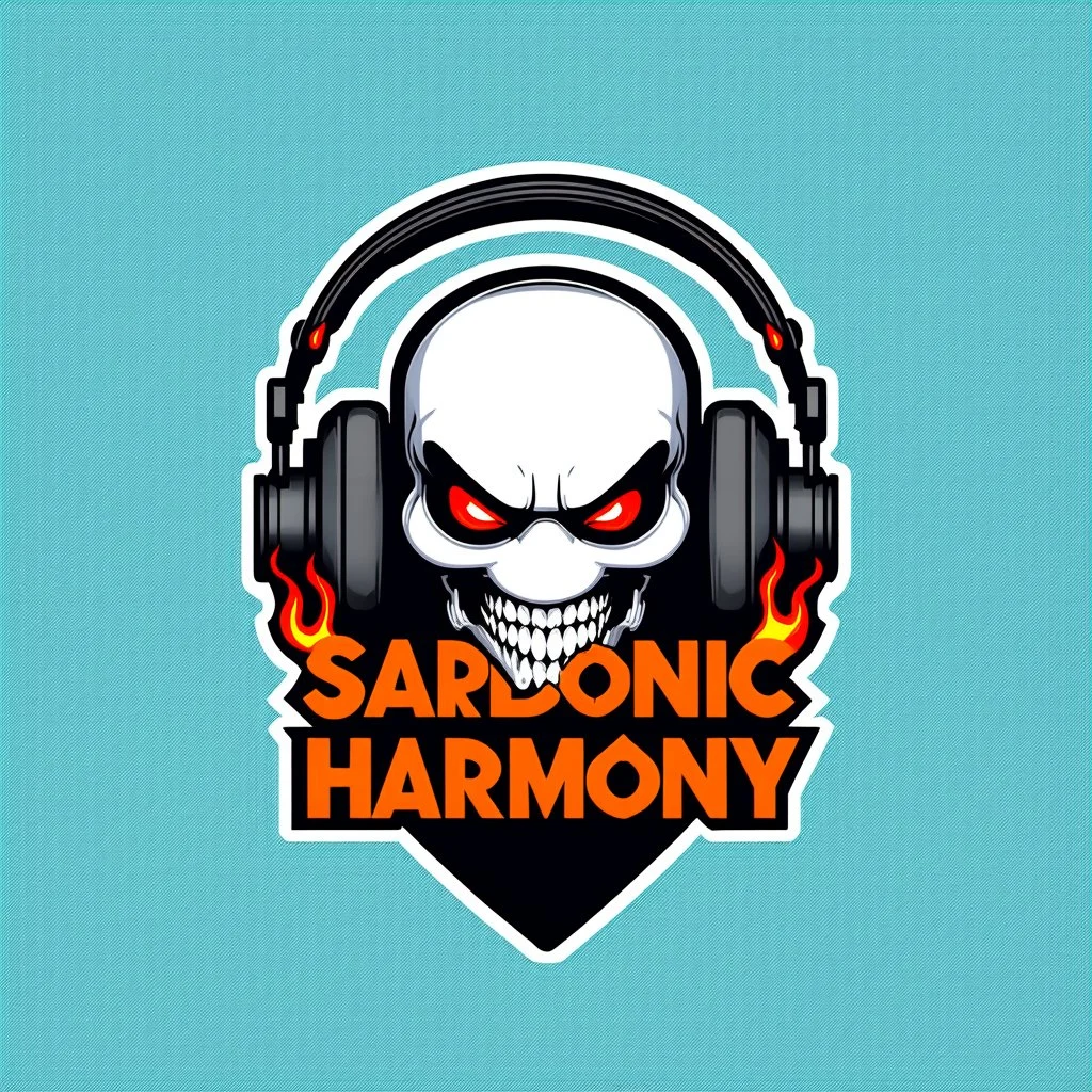 logo for rock band orange text "SARDONIC HARMONY" in a futuristic robotic font, sinister evil marshmallow head with headphones and red flames, horror, dark negative space, by Petros Afshar and H.R. Giger