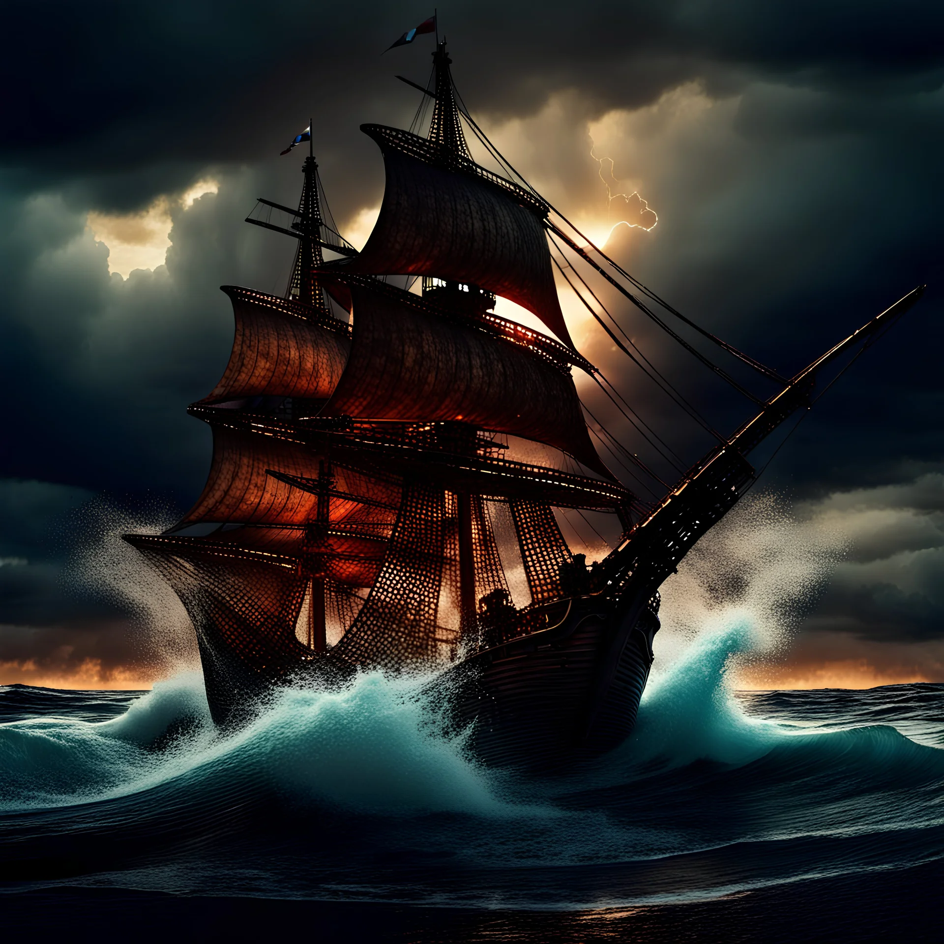 view of turbulent swells of a violent ocean storm, inside a glass bottle on the beach ม dramatic thunderous sky at dusk at center a closeup of large tall pirate ship with sails, breaking light, photo, 3d render