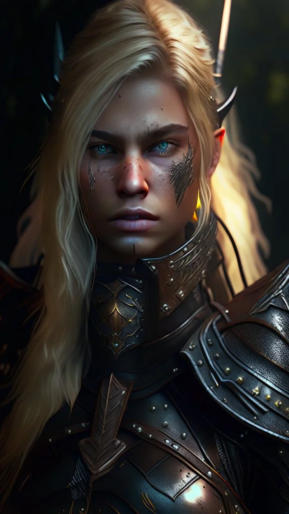 blonde female hunter wearing leather half armour dark fantasy Realistic 4k