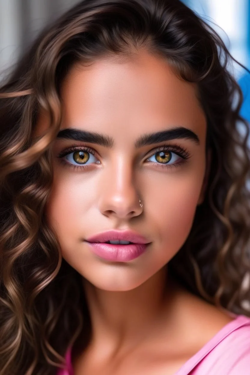 a tanned girl with thick eyebrows and eyelashes, brownish eyes, pink lips, long brown wavy hair and dimples