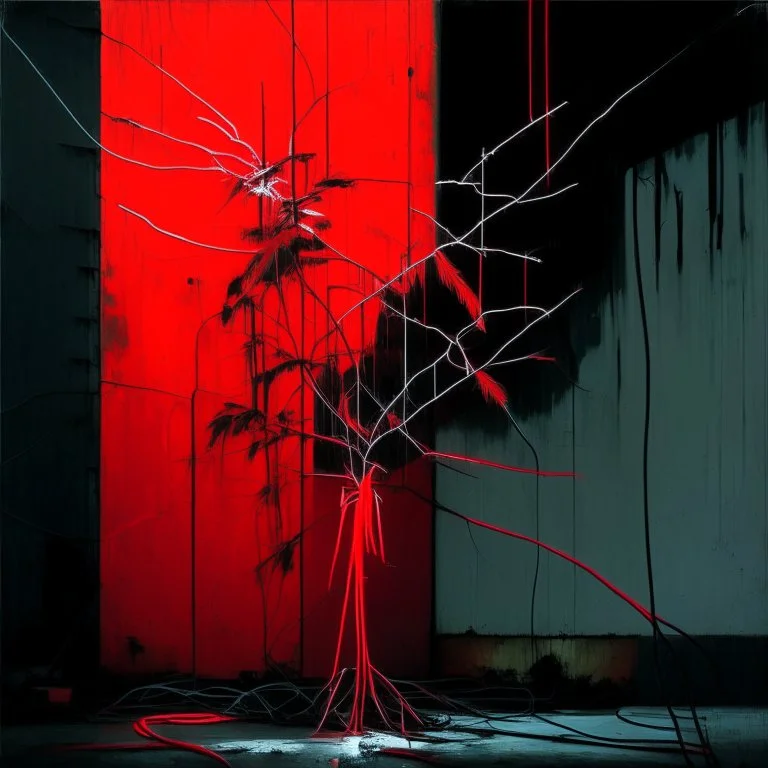 Minimal abstract oil painting of a neon plant in concrete warehouse brutalist architecture and hanging wires illuminated at night. With triadic red colours. In the style of Justin Mortimer and Phil Hale, Ashley Wood