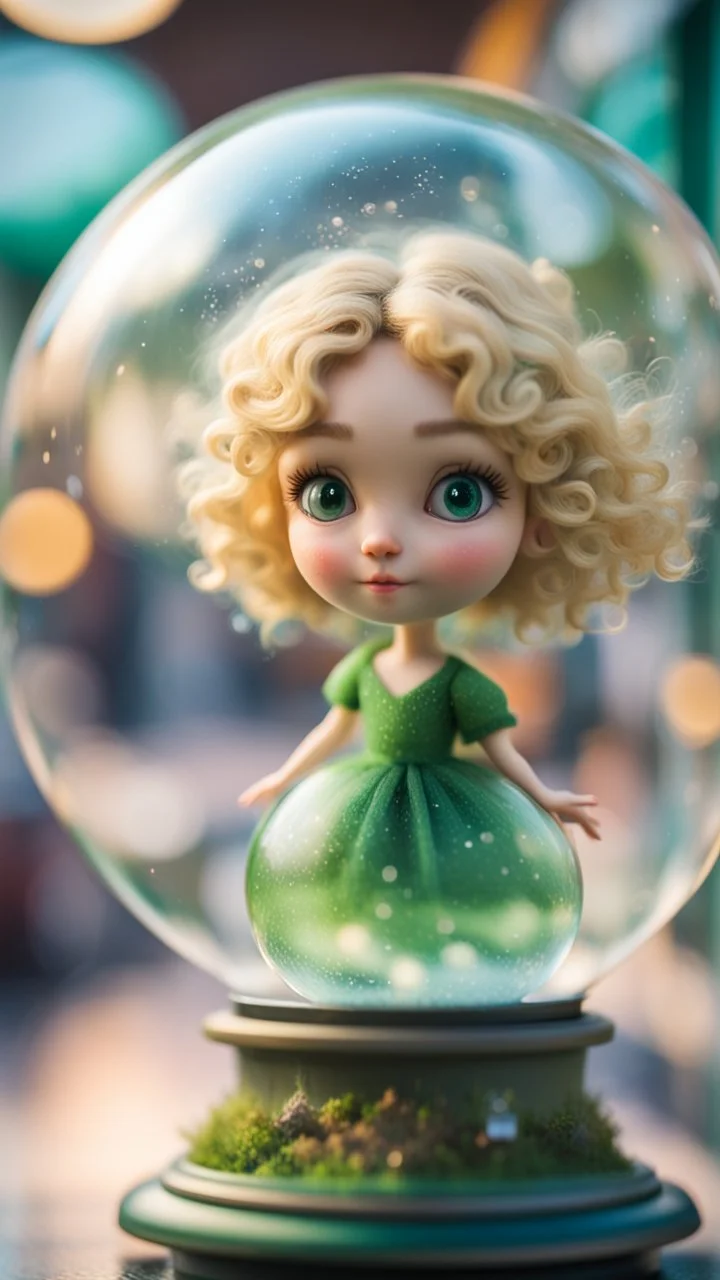 portrait of tiny green winged fairy with blonde swirly hair completly inside crystal ball bubble at the train station,bokeh like f/0.8, tilt-shift lens 8k, high detail, smooth render, down-light, unreal engine, prize winning